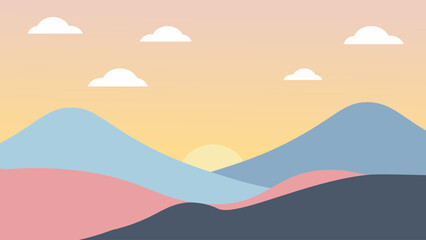 Soft pastel mountain landscape with clouds and calm sunset sky