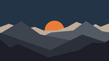 Sunset behind layered mountain landscape with dark blue sky and orange sun