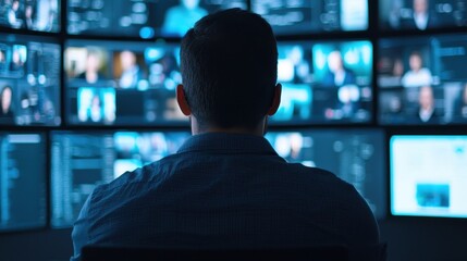 A person monitors multiple digital screens in a dark control room, analyzing information for security or surveillance purposes.