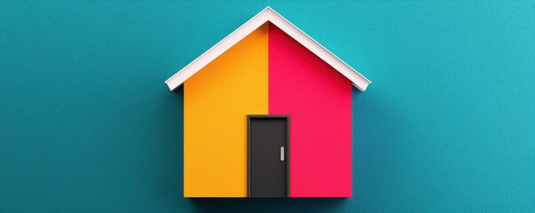 A small paper house split into two colors, yellow and red, with a black door, placed against a teal textured background.