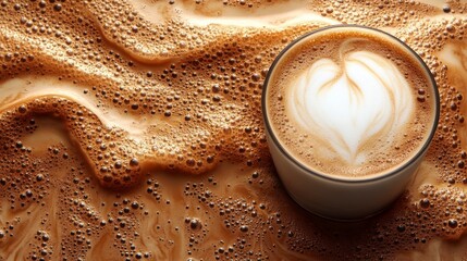 A cappuccino cup spills its contents across the surface, revealing a heart shaped foam art on top, surrounded by foamy bubbles and spilled latte. Warm light suggests daytime
