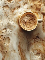 A beige cup filled with foamy cappuccino sits amid spilled coffee. The spilled liquid and foam create a marbled texture around the cup on the surface below