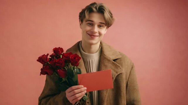 Person holding bouquet of red roses in hand and letter, heartfelt message. Romantic date vibe. Flowers gift. Love, affection, special moments. Romance, 14 February celebration, valentines day.