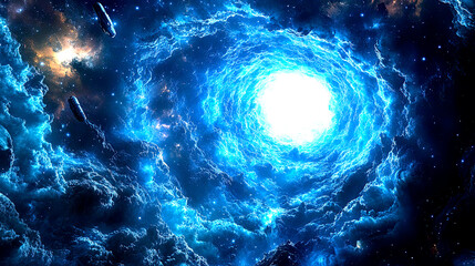 Artwork shows a bright cosmic nebula, predominantly in shades of blue. Two spaceships fly towards the light center. The scene evokes a sense of adventure and wonder