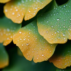 Close up shows Ginkgo biloba foliage partially turned yellow with drops of water clinging to the fan shaped leaves. Green can still be seen on portions of the leaves