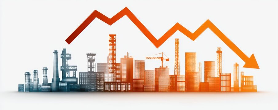 Impact on trade tax policy concept. Industrial buildings with a downward trending arrow symbolize economic decline or decrease in industrial production.