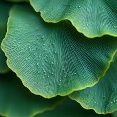 A macro view showcases the intricate details of stacked Ginkgo Biloba foliage. Tiny water droplets glisten on the verdant surfaces, highlighting their texture. Soft natural light enhances the colors