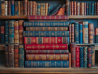 Antique and vintage leather books are organized on wooden bookshelves. The books have intricate gold details and are arranged both standing upright and stacked horizontally