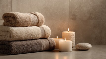 Stack Of Soft Towels With Lit Candles In Spa Setting. Relaxation And Tranquility Atmosphere