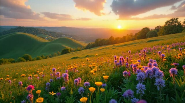 Colorful flower meadow at sunset against idyllic landscape