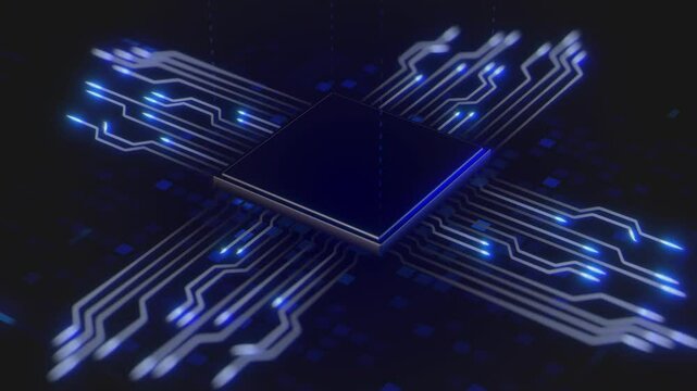 Loopable Futuristic Microchip with Glowing Blue Circuit Connections &ndash; 30 Second Tech Animation
