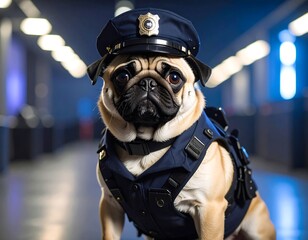 Pug dog in police uniform