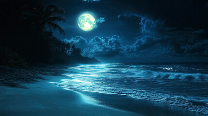 A serene, dark night unfolds on a tropical beach with a glowing moon casting a vibrant light across the crashing waves. Lush palm trees line the shore in the Caribbean