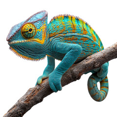 Obraz premium Stunning chameleon perched on branch, radiating vibrant, exotic charm