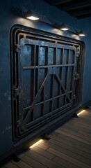 Fototapeta premium Metal Doorway with Grate in Dark Room