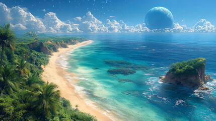 On an exotic world, waves gently lap at a sandy beach lined with lush green palm trees and rocky cliffs. A huge planet hangs in the sky above the turquoise ocean waters and puffy clouds