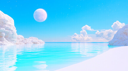 A beautiful vista displays crystal clear, turquoise water gently lapping against white rock formations and sandy beaches. A large moon shines in a clear blue sky