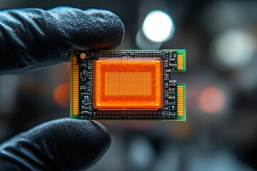 A gloved hand is holding a microchip with an intricate design. The central part is glowing orange, illuminating the components of the electronic device