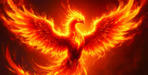 Fototapeta premium Blazing Phoenix with Fiery Wings Spread Wide. A digital masterpiece of a phoenix wrapped in eternal flames, glowing in shades of orange, red, and gold.