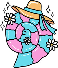 Retro Groovy Spiral Shell with a Hat and Daisies Illustration