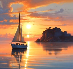 Illustration of sailboat yaht in calm ocean with island and sunrise.