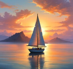 Illustration of sailboat yaht in calm ocean with island and sunrise.