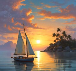 Illustration of sailboat yaht in calm ocean with island and sunrise.