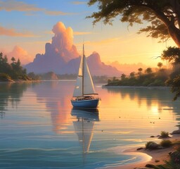 Illustration of sailboat yaht in calm ocean with island and sunrise.