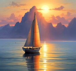 Illustration of sailboat yaht in calm ocean with island and sunrise.