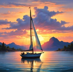Illustration of sailboat yaht in calm ocean with island and sunrise.