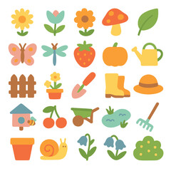 Spring garden icons, flat design, nature gardening elements
