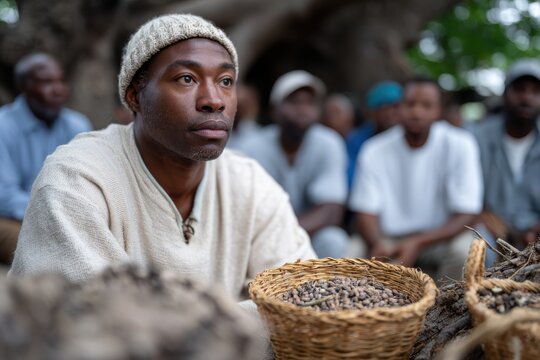 A contemplative man engages with a local community gathering, showcasing cultural exchange, shared experiences, and the importance of connection and dialogue among individuals.