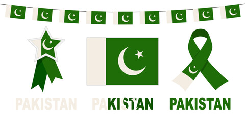 Vector set of elements of Pakistan flag with bunting flags, star medal, and awareness ribbon in national green and white colors.