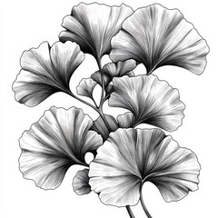Detailed botanical illustration showcases a group of Ginkgo Biloba leaves. The artwork emphasizes the unique shape and delicate venation of each leaf in black and white