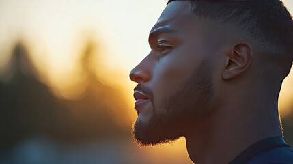 Thoughtful Man with a Beard at Sunset