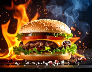 Delicious burger on grill with fire