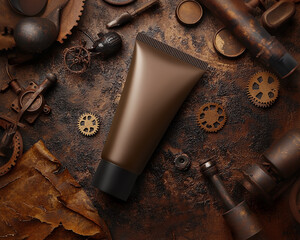 Steampunk mockup matte plastic packaging. Bronze cosmetic tube with black cap lies among aged gears on brown textured background