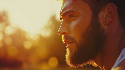 Thoughtful Man with a Beard at Sunset
