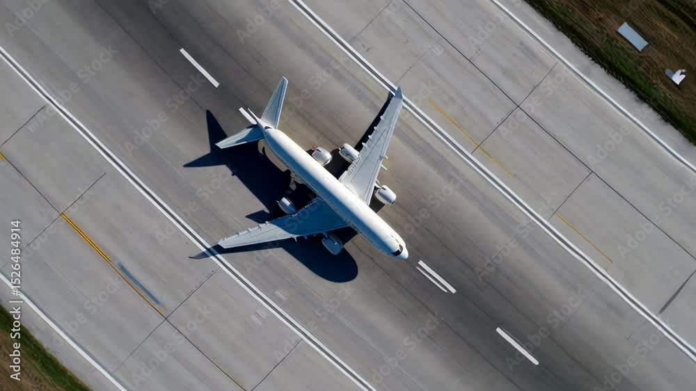 Poster white passenger airplane taxiing on airport runway, preparing for takeoff or after landing, viewed f