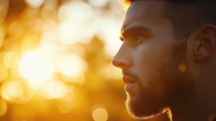 Thoughtful Man with a Beard at Sunset