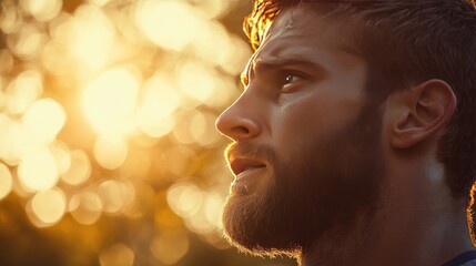 Thoughtful Man with a Beard at Sunset