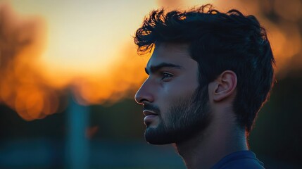 Thoughtful Man with a Beard at Sunset