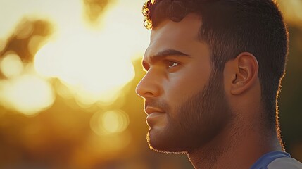 Thoughtful Man with a Beard at Sunset