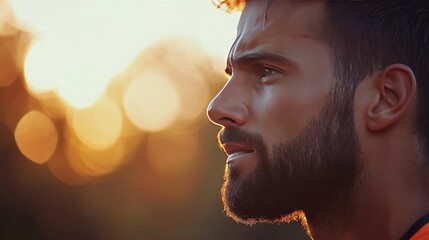 Thoughtful Man with a Beard at Sunset