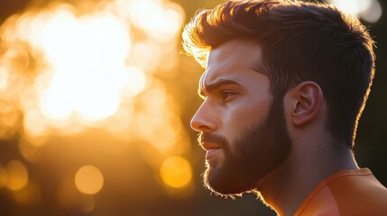 Thoughtful Man with a Beard at Sunset