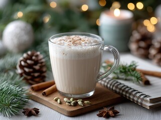 Christmas-spiced milk with cinnamon, anise, and cardamom in a glass mug on a wooden board, near a notebook