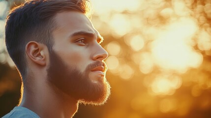 Thoughtful Man with a Beard at Sunset