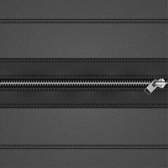 Realistic black leather background with a closed metallic zipper and stitches - vector illustration