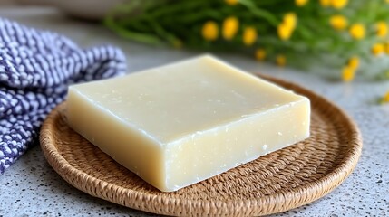 Elegant bar soap on a wicker tray with soft floral background for relaxation