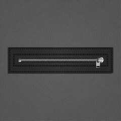 Realistic black leather background with a closed metallic zipper on a stitched label - vector illustration